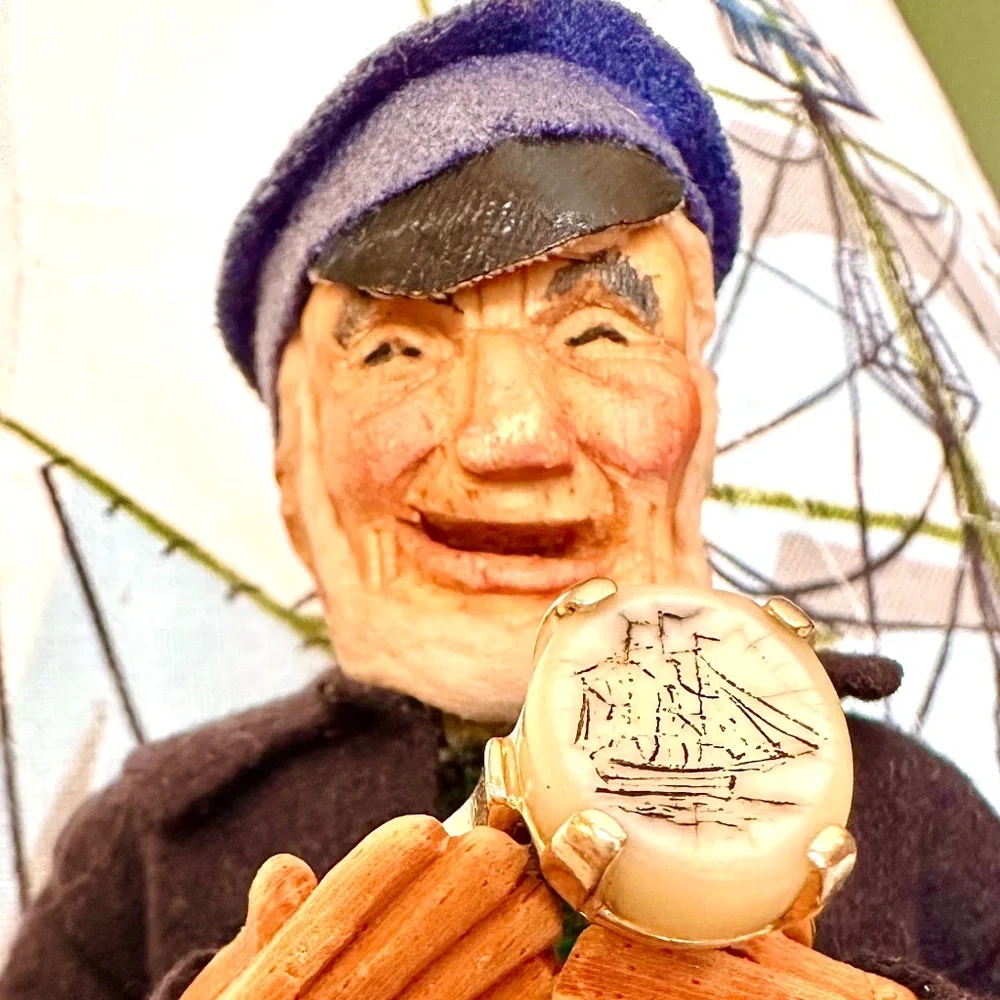 Antique Baby Beluga Whale Scrimshaw Tooth Ring WMS SZ 7 - Picture 9 of 16